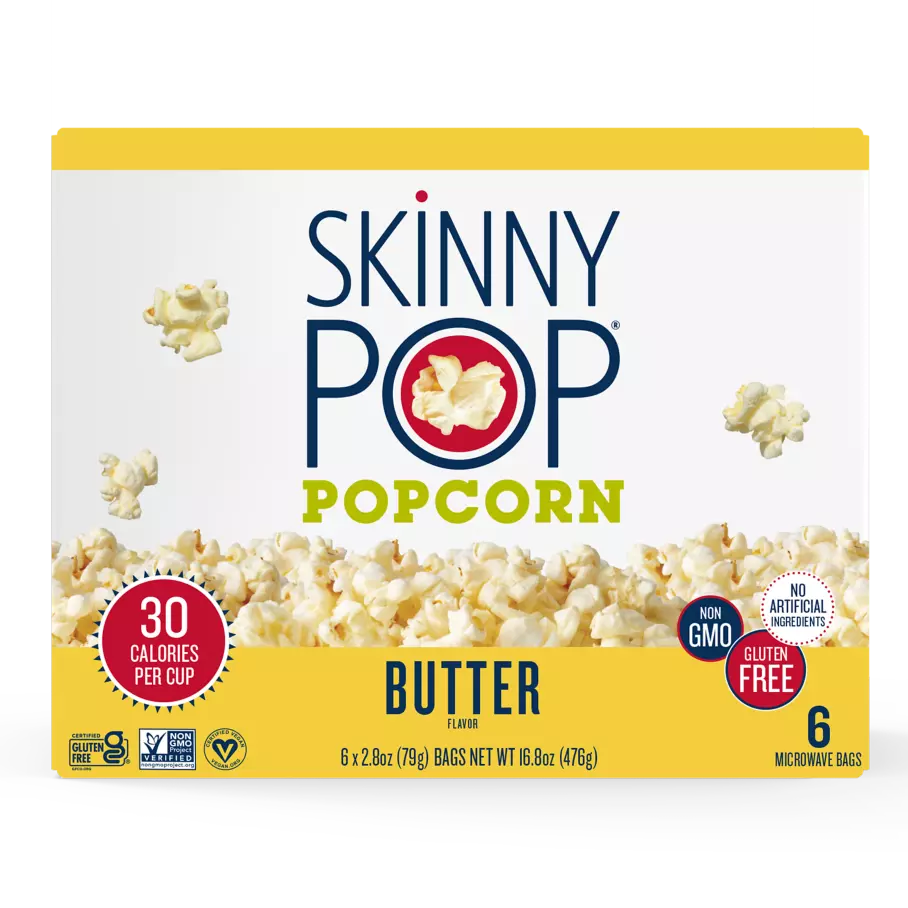 SKINNYPOP Butter Microwave Popcorn, 2.8 oz bag, 6 count box - Front of Package