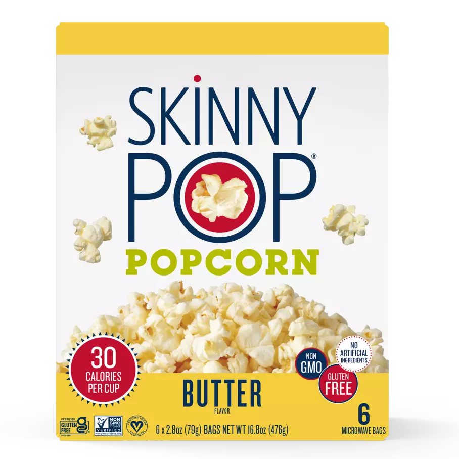 SKINNYPOP Butter Microwave Popcorn, 2.8 oz bag, 6 count box - Side of Package