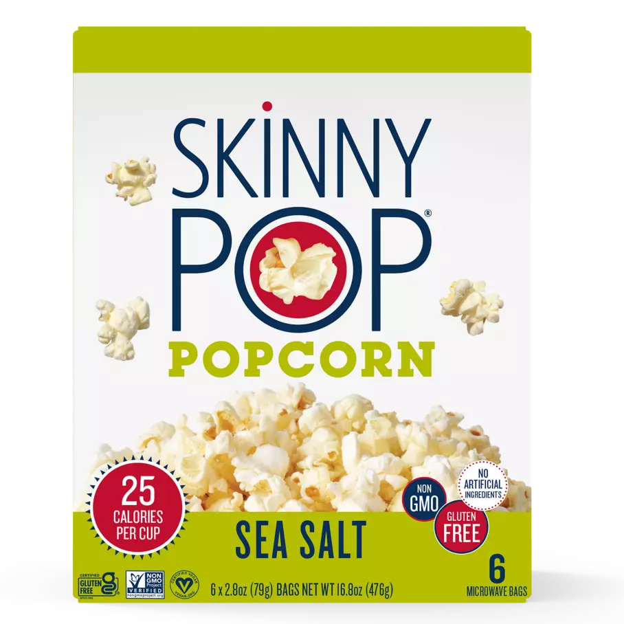 SKINNYPOP Sea Salt Microwave Popcorn, 2.8 oz bag, 6 count box - Side of Package