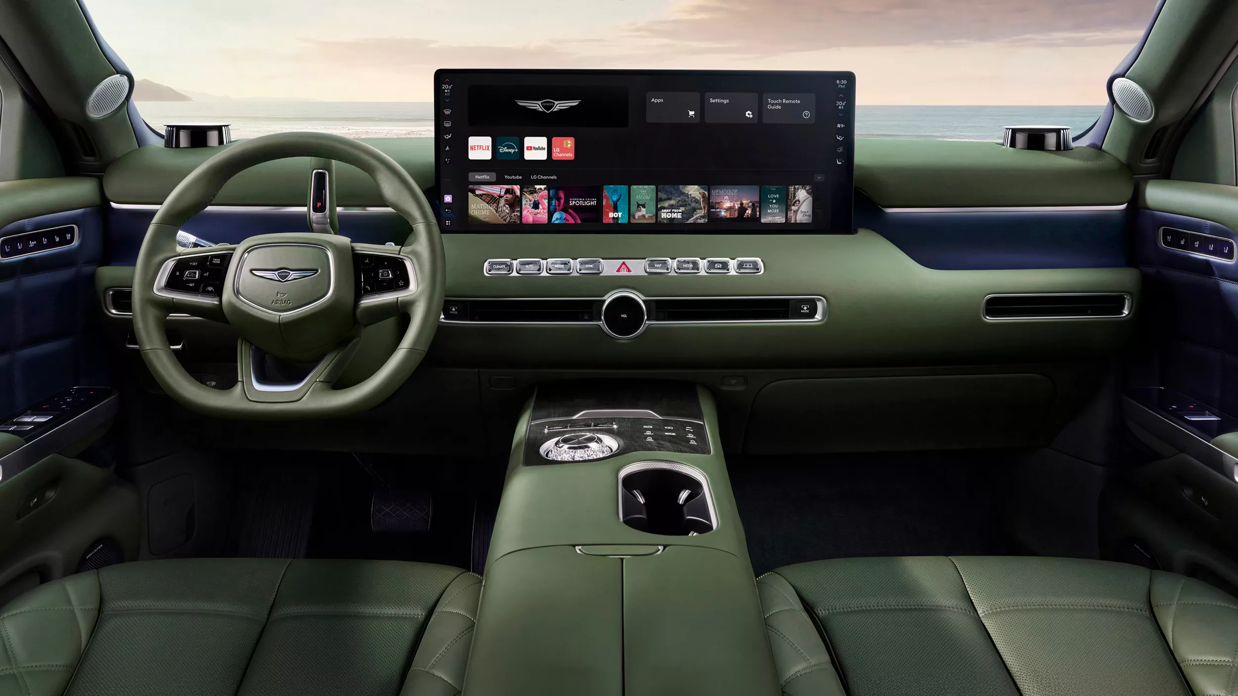 Front interior view of the 2028 Genesis GV90 with panoramic roof and center console