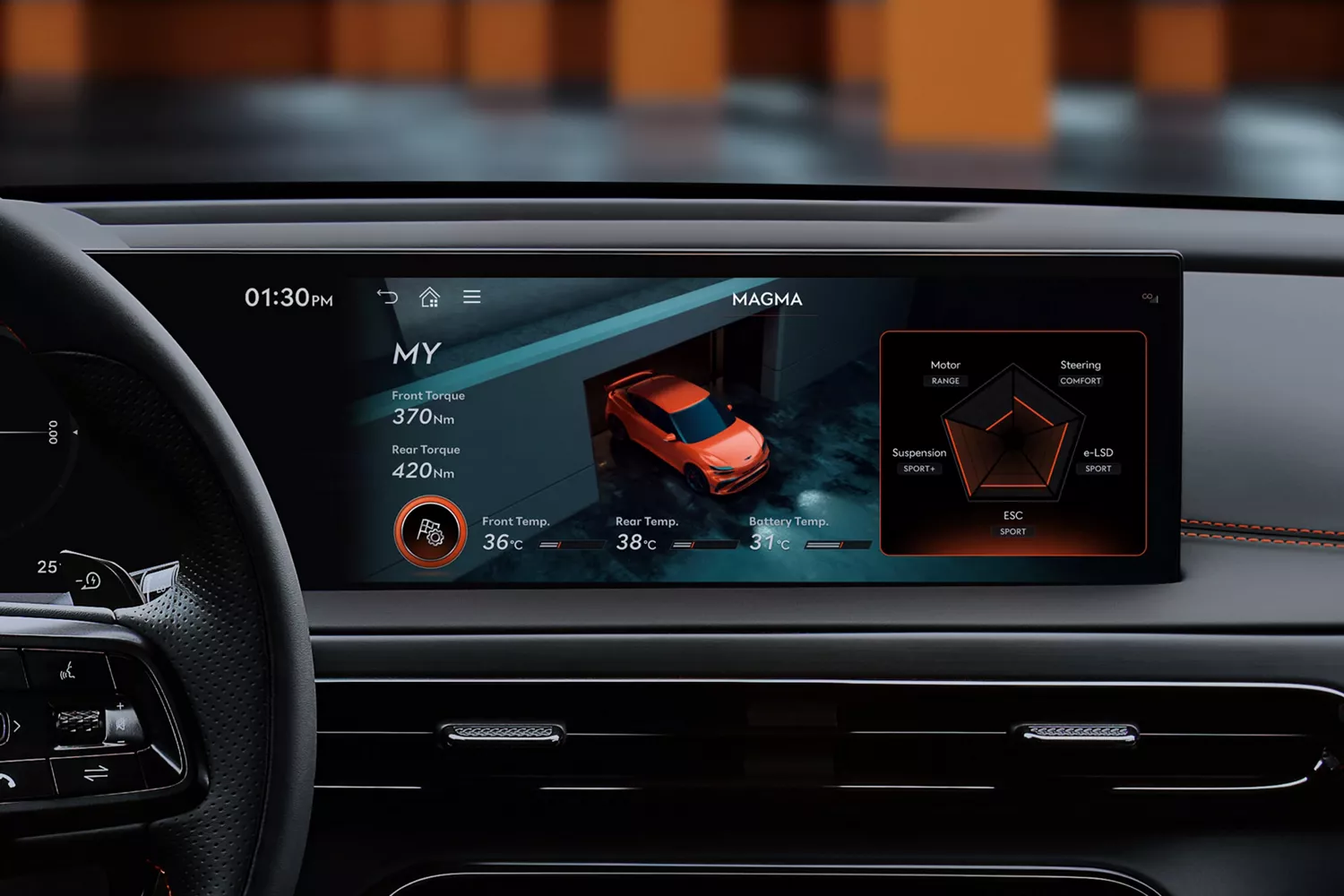 Interior close up of "My" mode selected on infotainment screen inside 2027 Genesis GV60 Magma