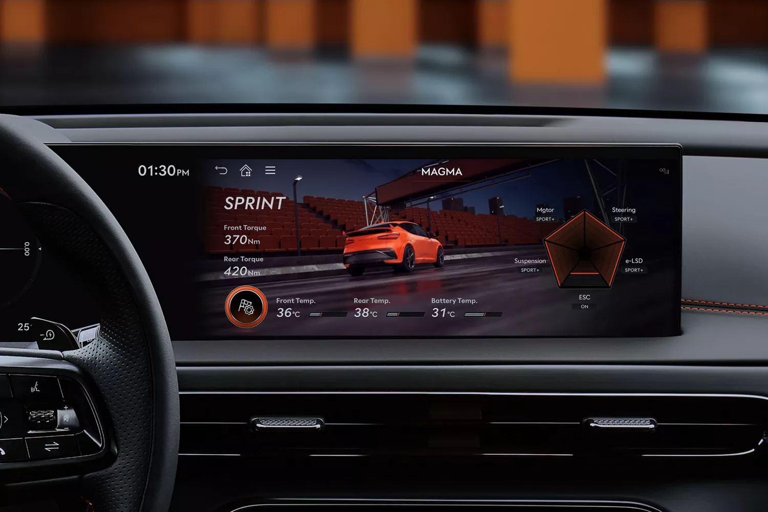 Interior close up of "Sprint" mode selected on infotainment screen inside 2027 Genesis GV60 Magma