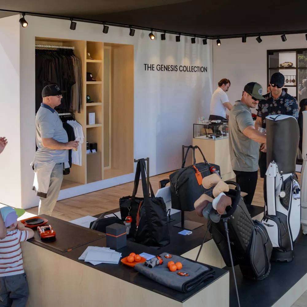 Guests browsing The Genesis Collection golf apparel and accessories at the 2026 Genesis Invitational
