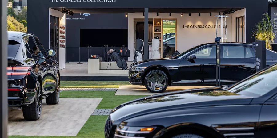 Genesis Prestige Black vehicles on display in the guest lounge at the 2026 Genesis Invitational