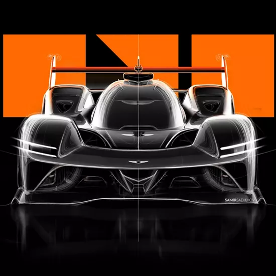 Illustrated sketch of front facing Genesis Magma Racing Hypercar, orange Magma Racing logo behind