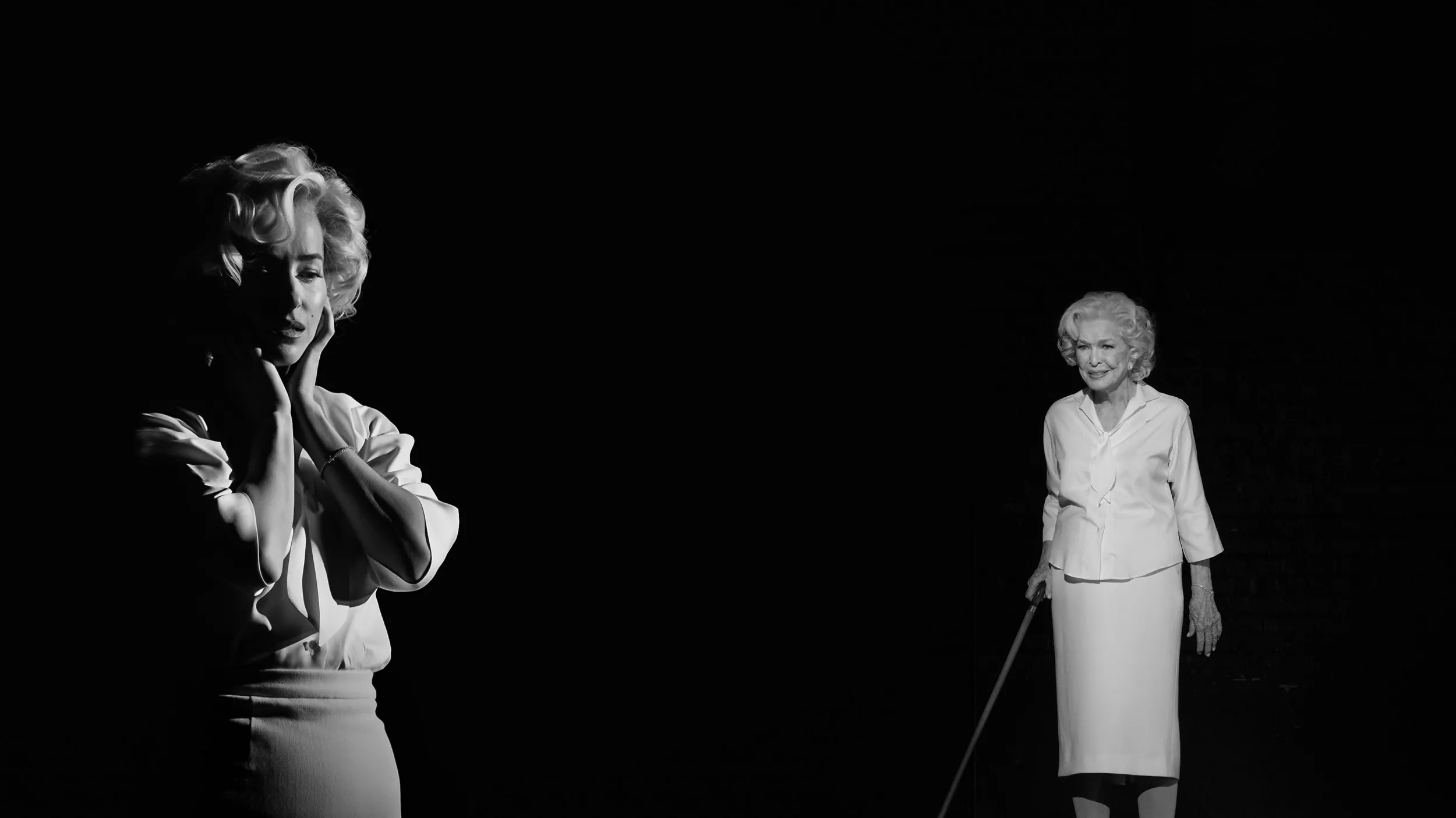Actresses Dakota Johnson and Ellen Burstyn as Marilyn Monroe, with film festival logos between them