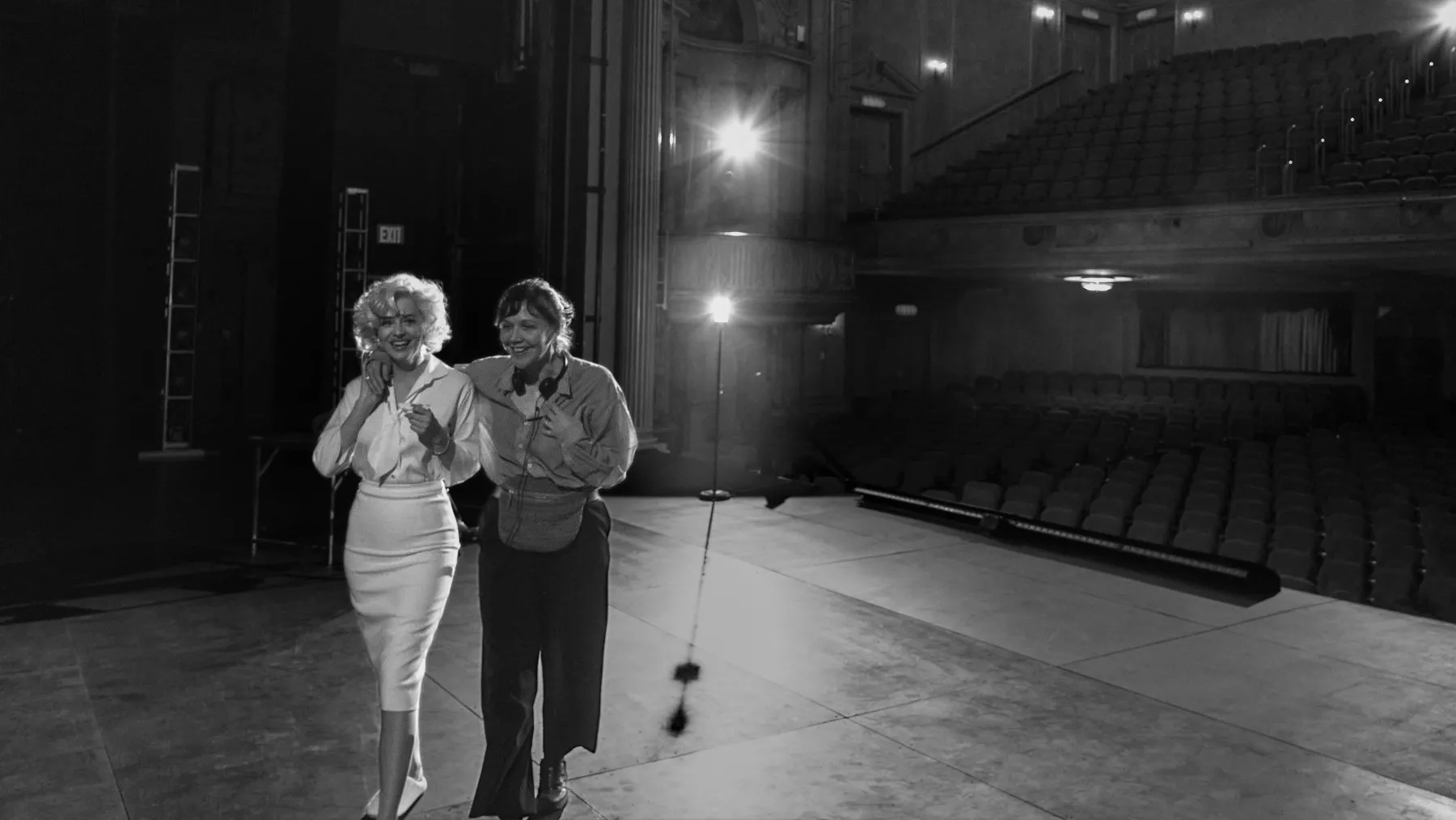 Dakota Johnson as Marilyn Monroe standing next to Maggie Gyllenhaal on set of new film, Flesh Impact
