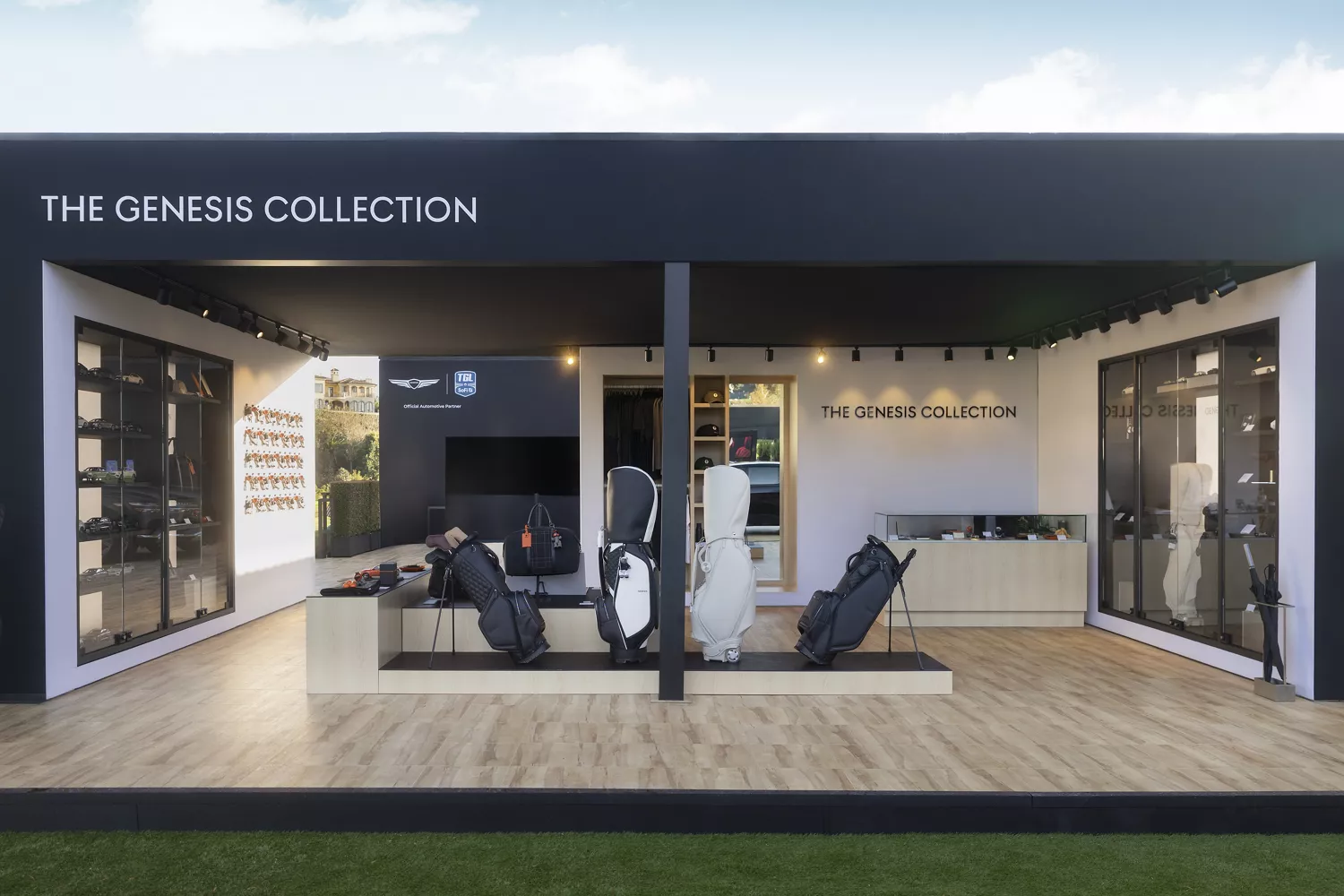 Genesis Collection golf apparel and accessories retail display at 2026 Genesis Invitational