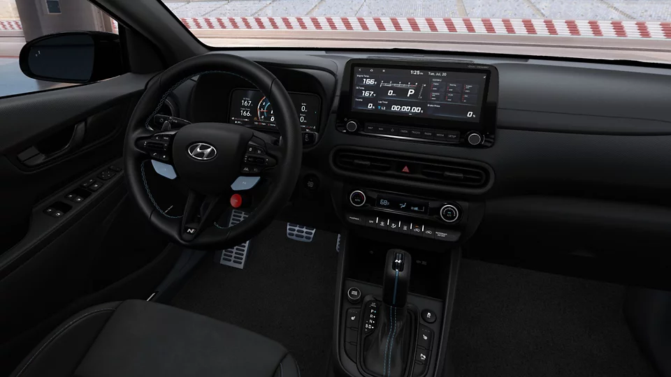 360 Interior Image of the 2023 KONA N N in Black leather and suede-trimmed