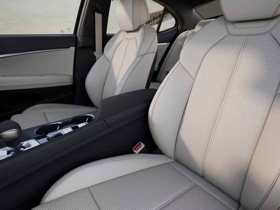 Close up driver side interior view of Genesis G70 with Fog Gray seats