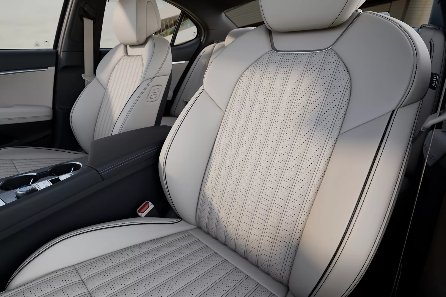 Close up driver side interior view of Genesis G70 with Fog Gray seats