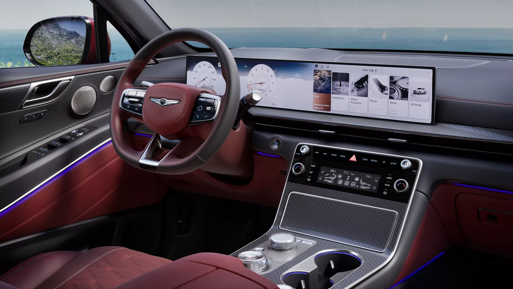 Interior close up of steering wheel in Sevilla Red inside Genesis GV80 Coupe