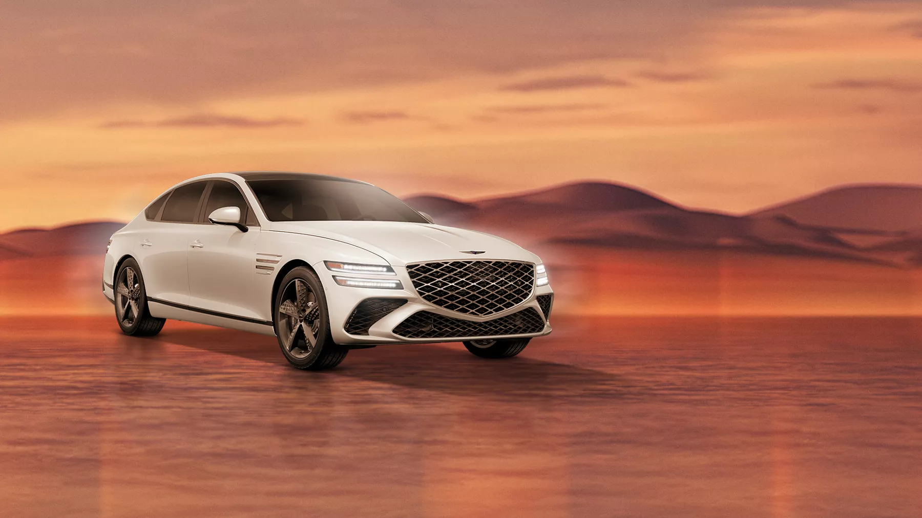 Genesis G80 in Alta White on desert background