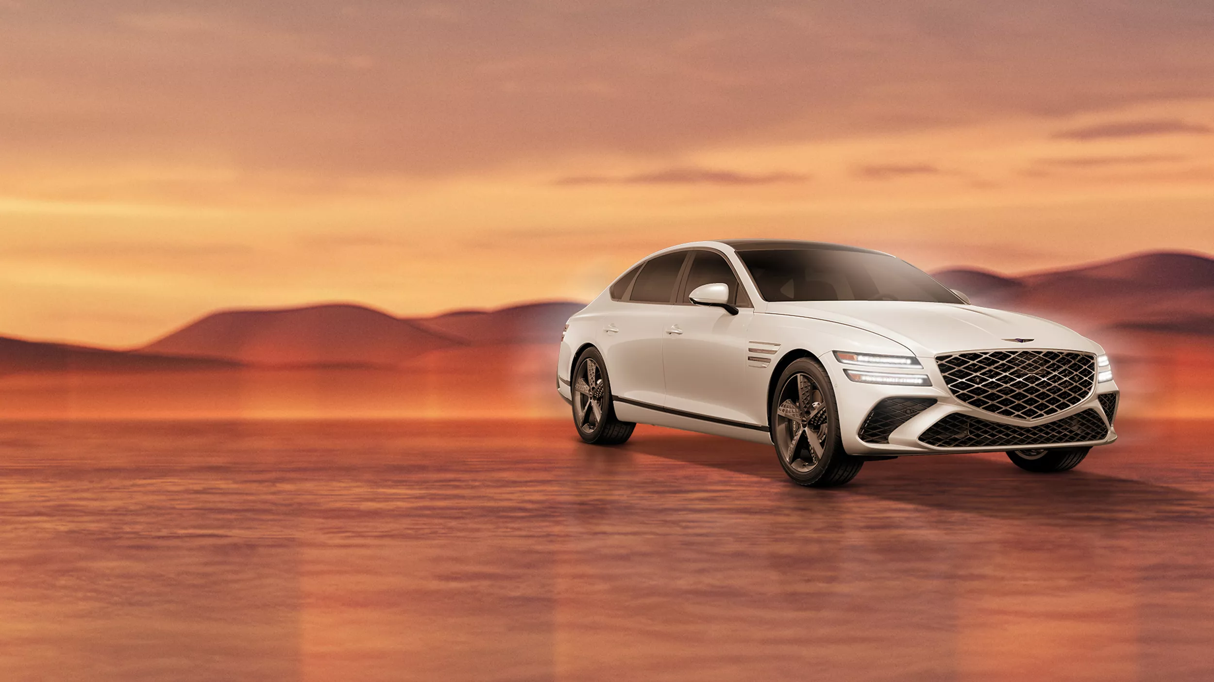 Genesis G80 in Alta White on desert background