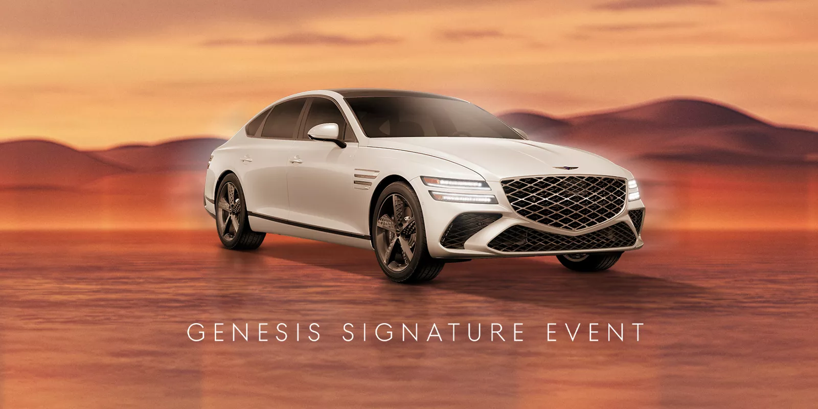 Genesis G80 in Uyuni White on desert background; 'Genesis Signature Event' text at the bottom