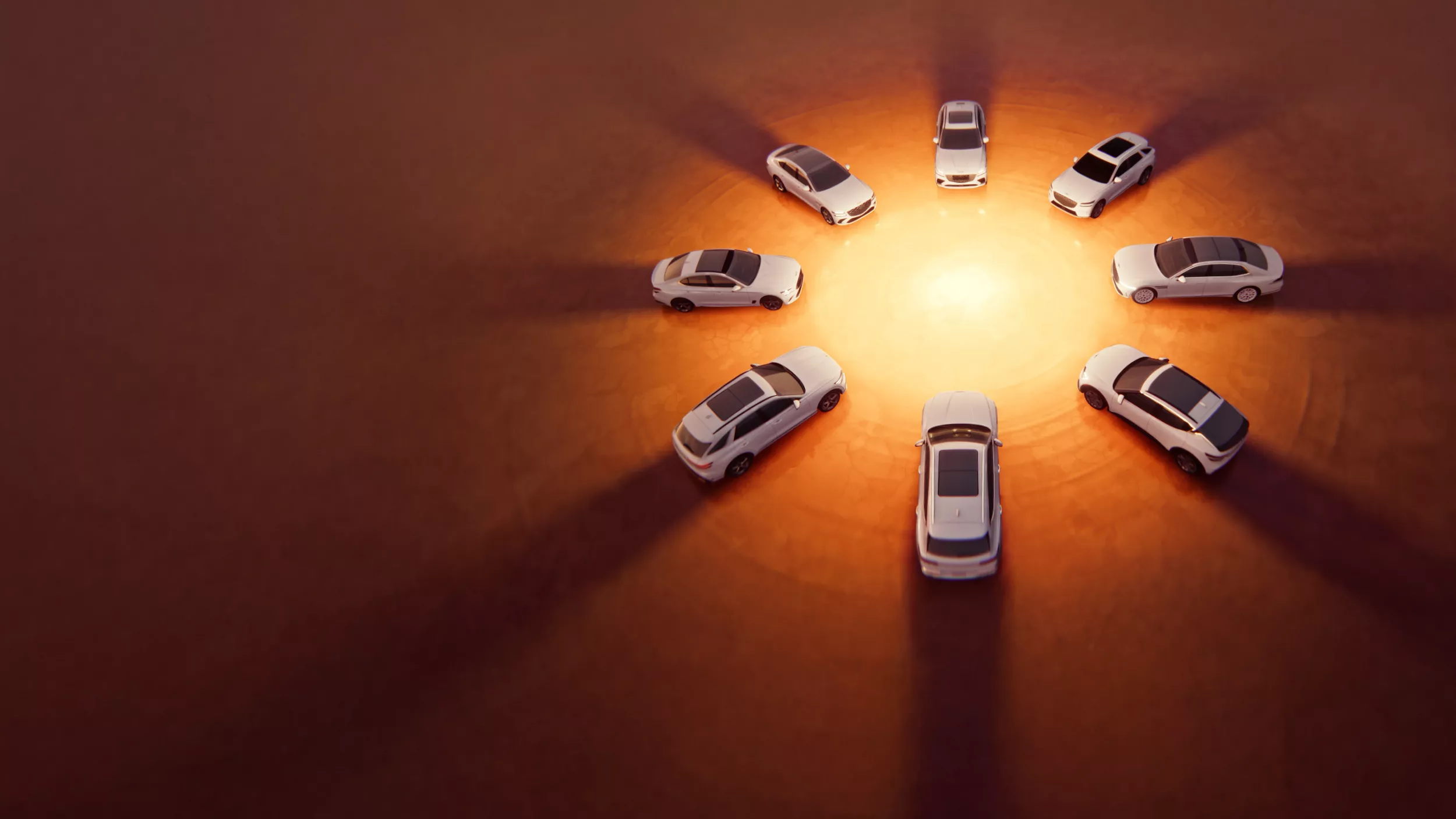 Eight Genesis vehicles in a circle around a light source. 'Genesis Signature Event' text at bottom