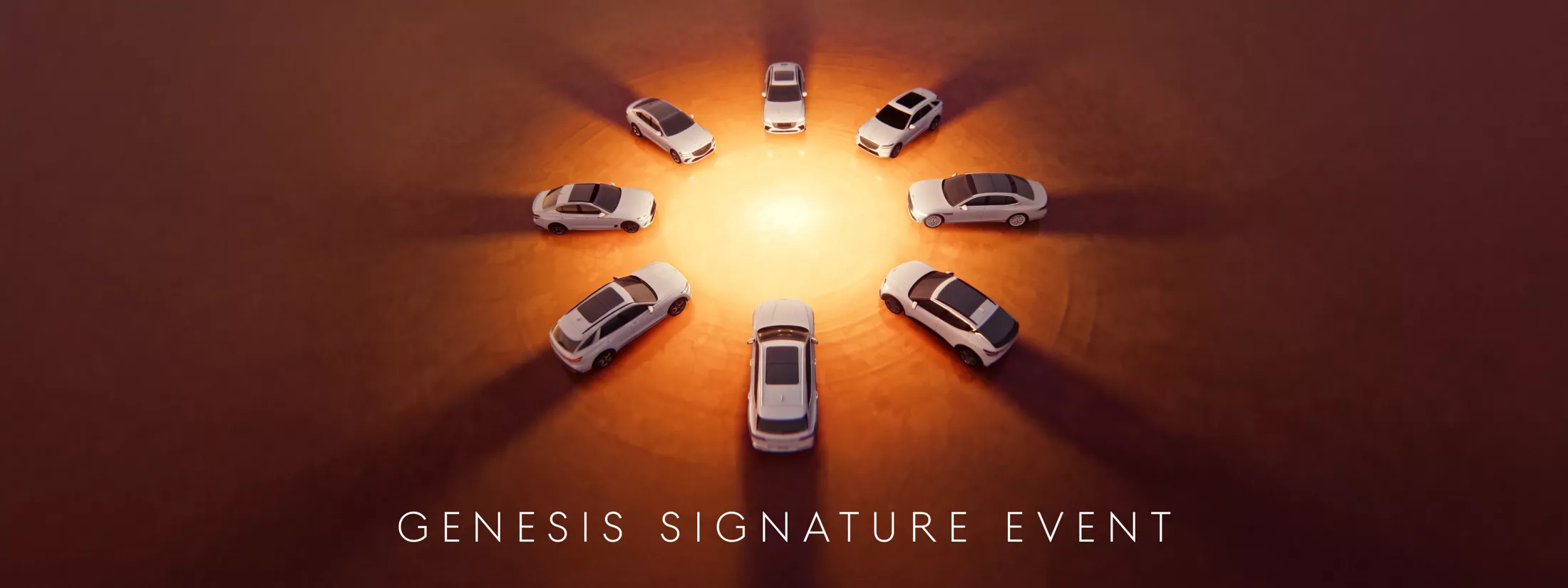 Eight Genesis vehicles in a circle around a light source. 'Genesis Signature Event' text at bottom
