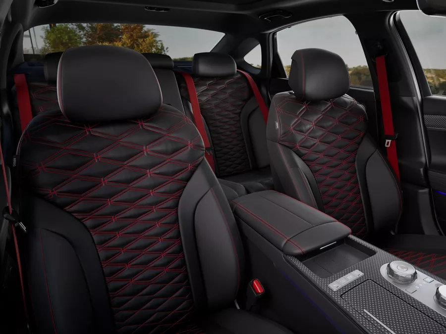 Interior windshield pov of front and back seats in 2026 Genesis G80 with black Nappa leather seating