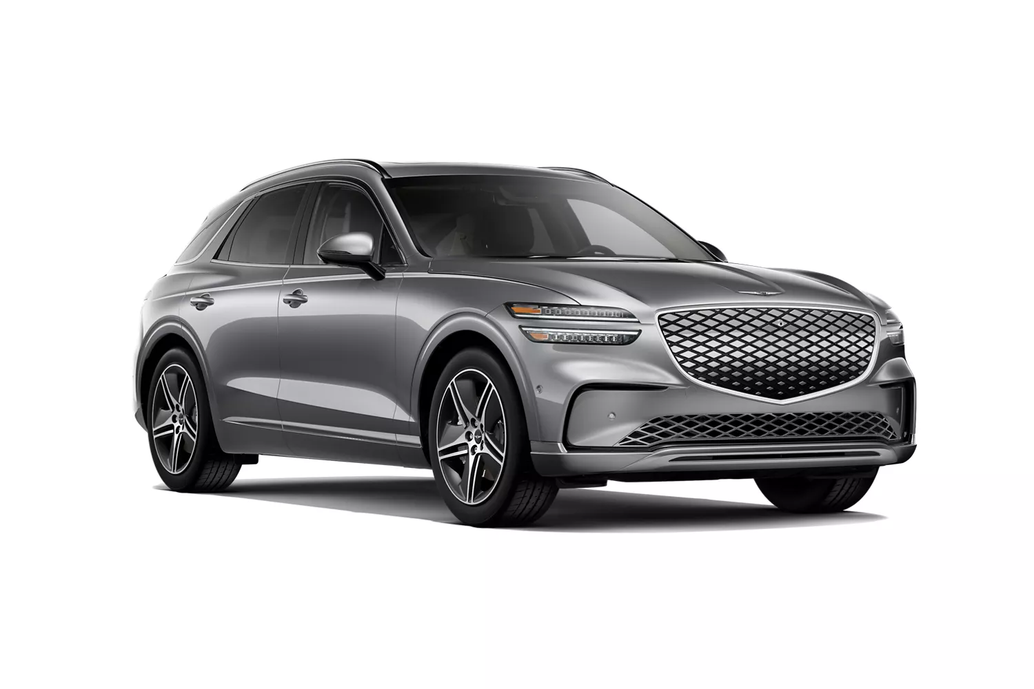 Passenger side profile angle of 2026 Genesis Electrified GV70 in Savile Silver