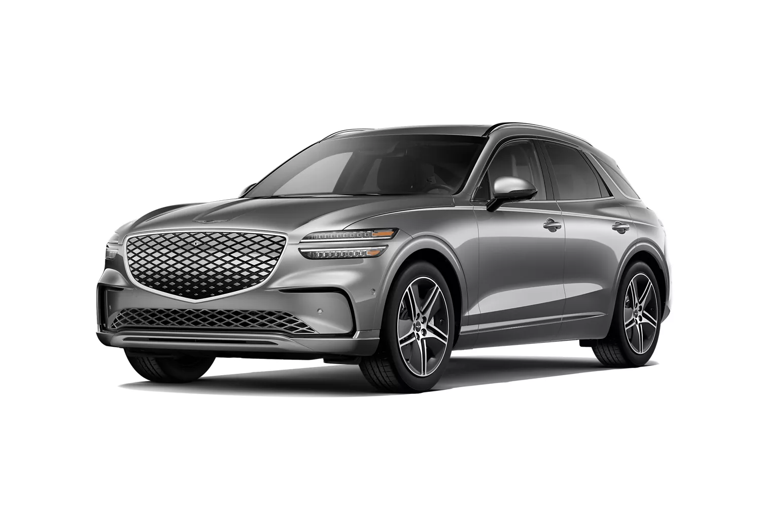 3/4 front driver side view of 2027 Genesis Electrified GV70 in Savile Silver