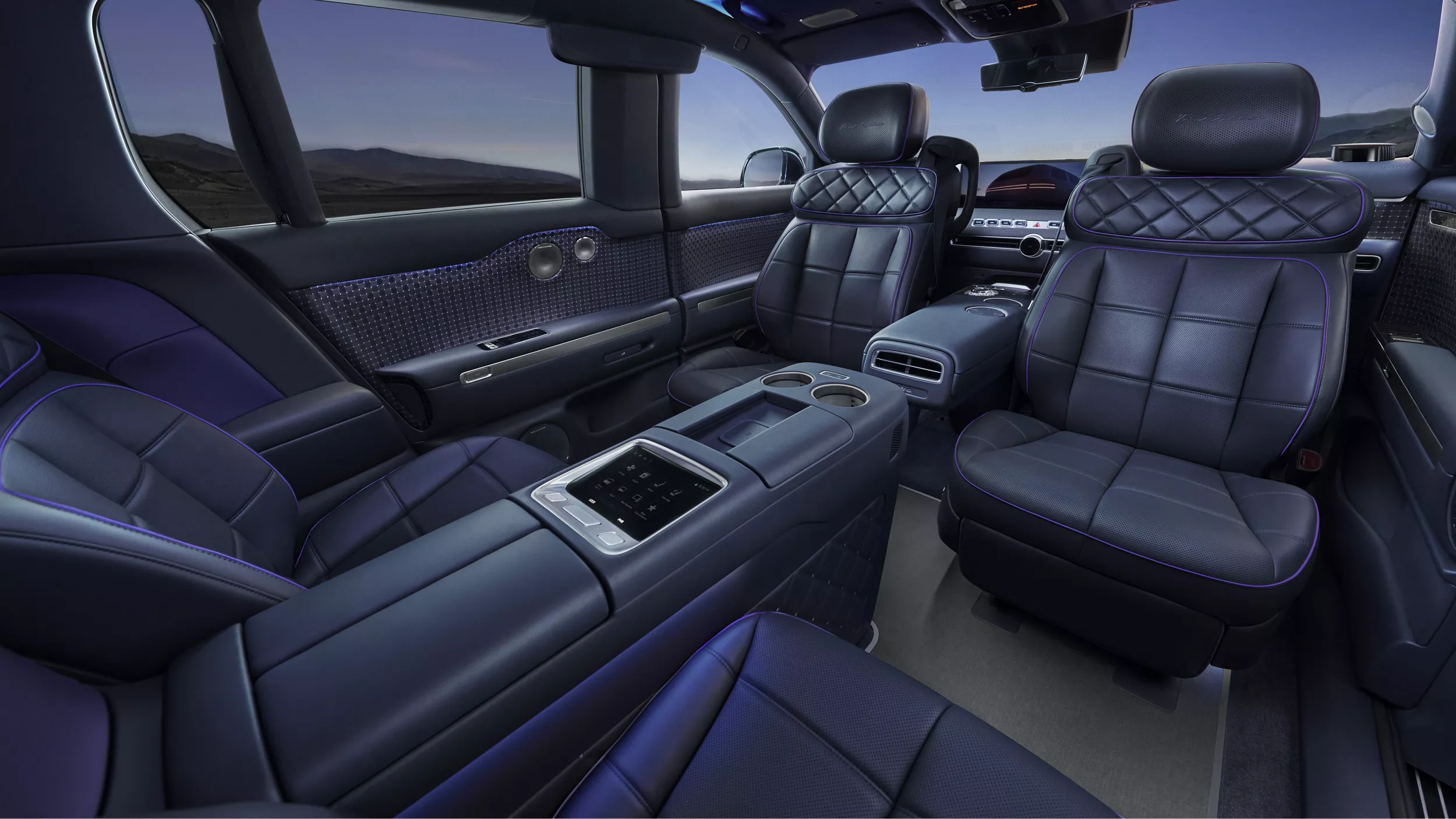 2028 Genesis GV90 Neolun interior with rear captain's chairs and panoramic roof