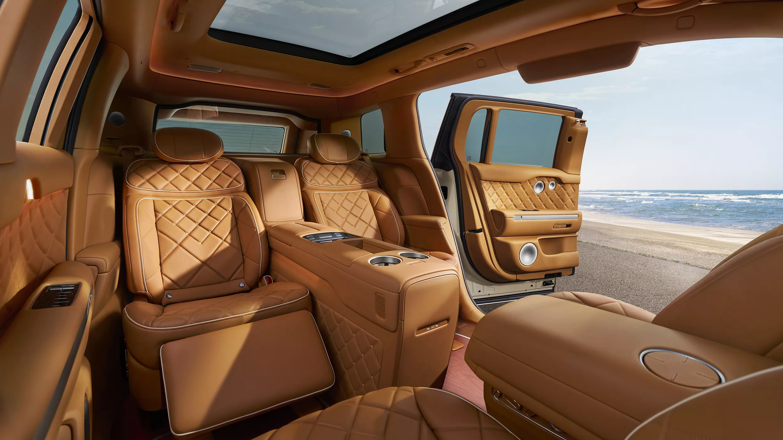 2028 Genesis GV90 Neolun interior with rear captain's chairs, panoramic roof and brown leather
