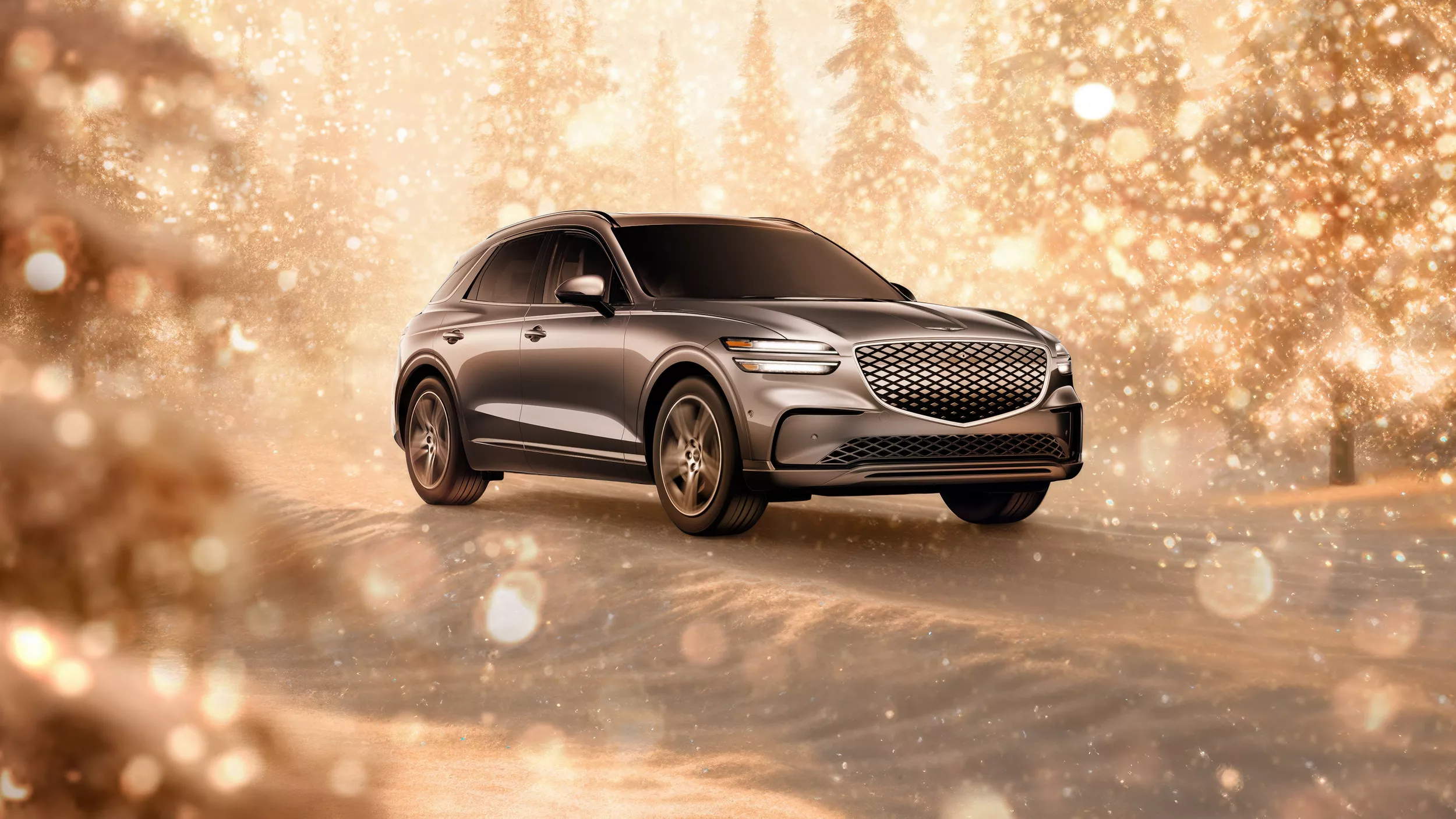 3/4 front passenger side view of Electrified Genesis GV70 parked in snowy gold sparkling environment
