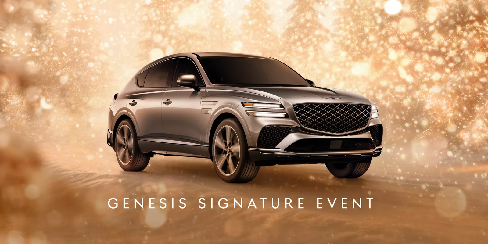 3/4 front passenger side view of gray 2026 Genesis GV80 Coupe in snowy, gold sparkling environment