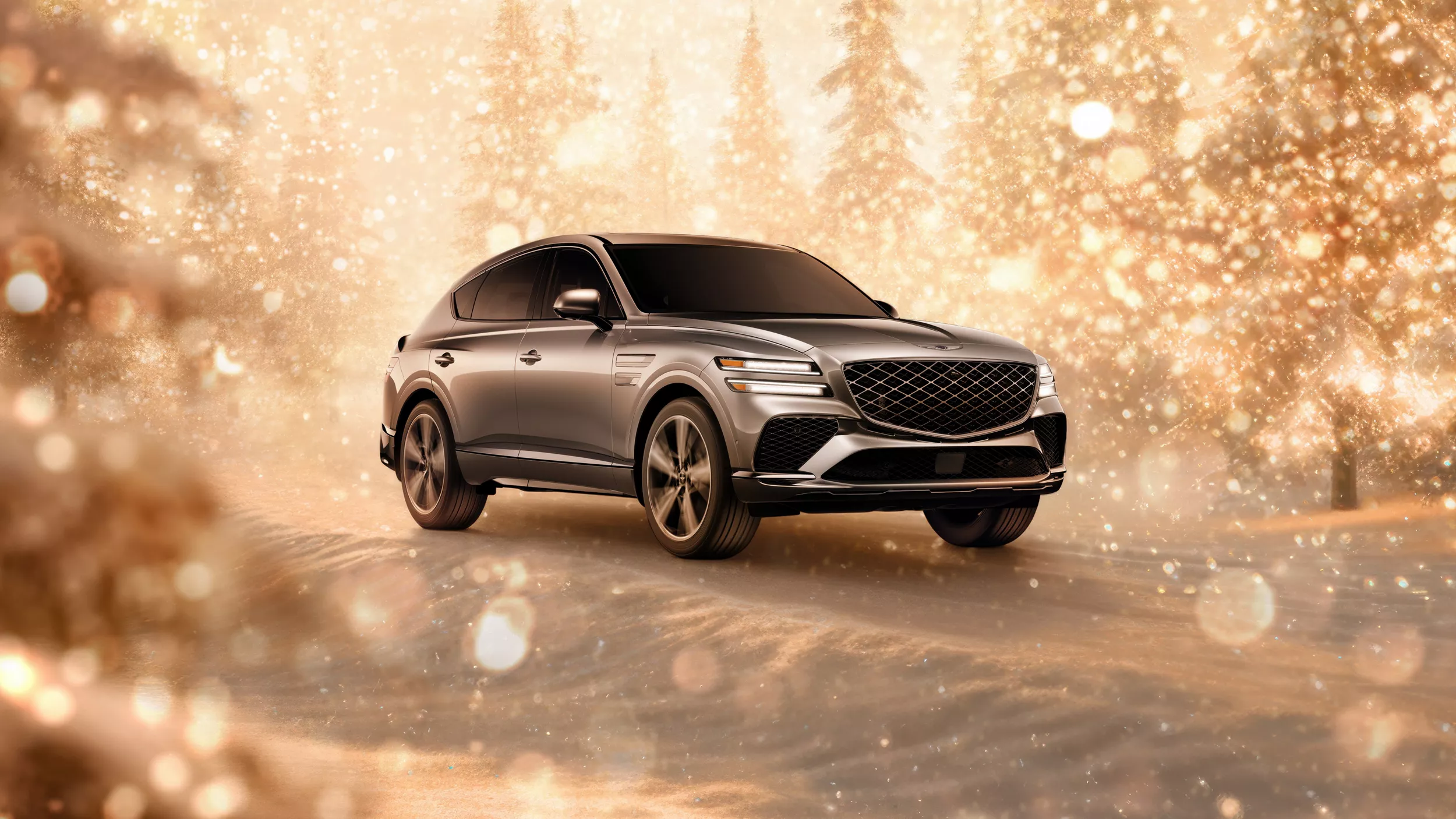 3/4 front passenger side view of gray 2026 Genesis GV80 Coupe in snowy, gold sparkling environment