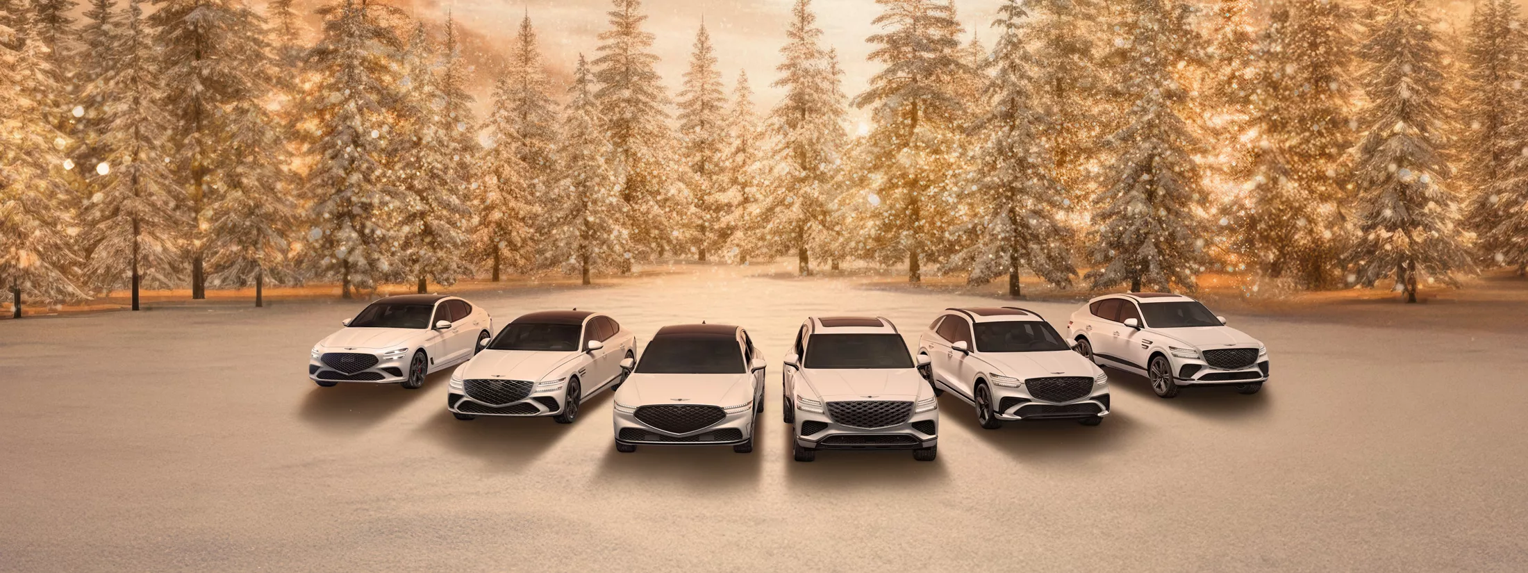 Aerial packshot of Genesis' full vehicle lineup parked in snowy forest for Winter Signature Event