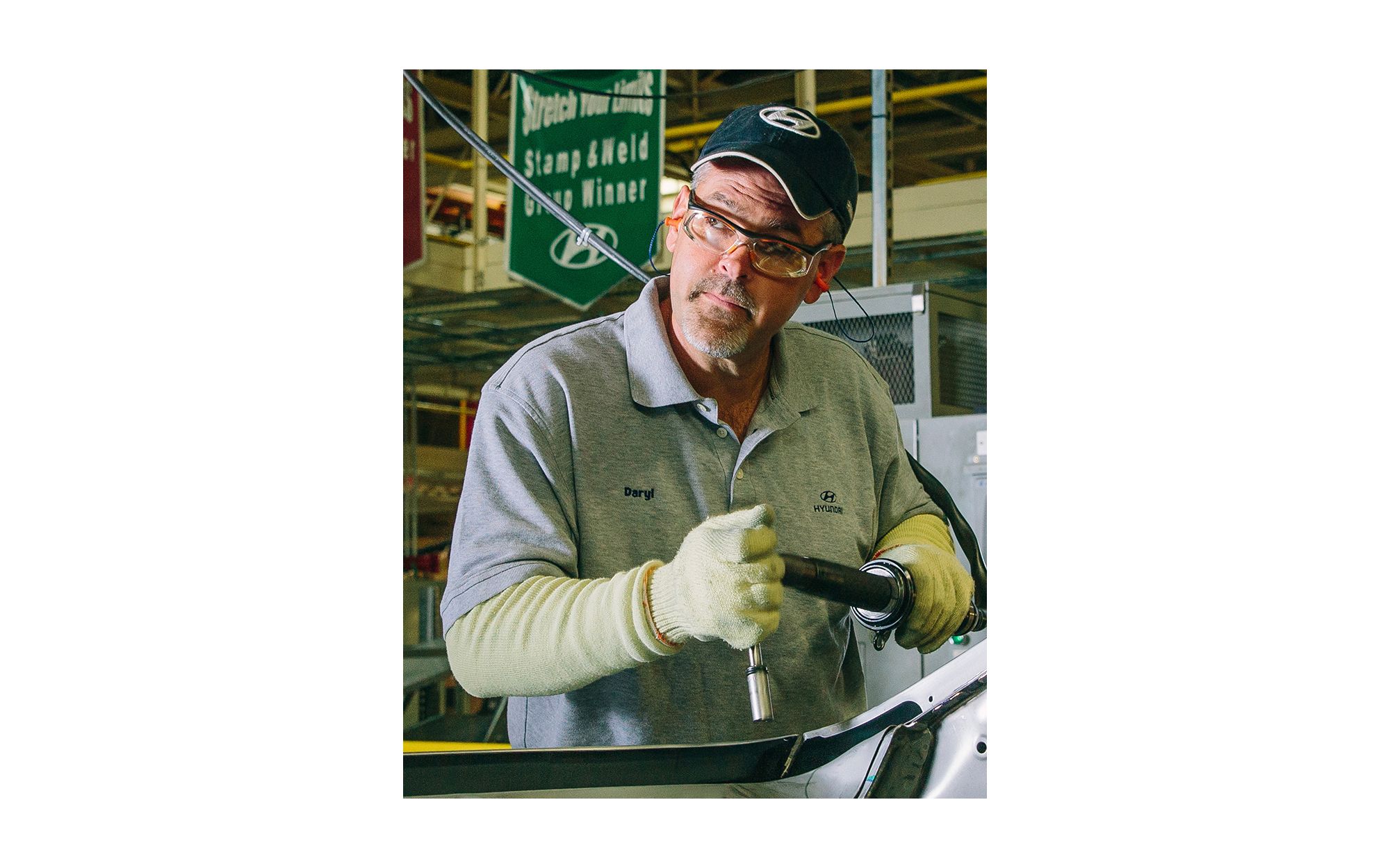 Hyundai employee Daryl works on building a car in Hyundai's manufacturing plant in Montgomery Alabama