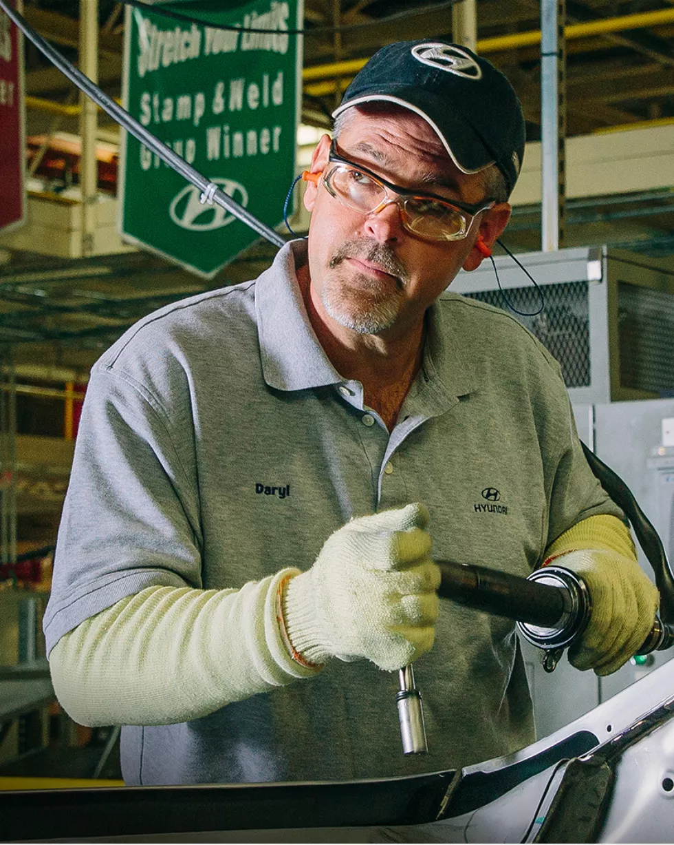 Hyundai employee Daryl works on building a car in Hyundai's manufacturing plant in Montgomery Alabama