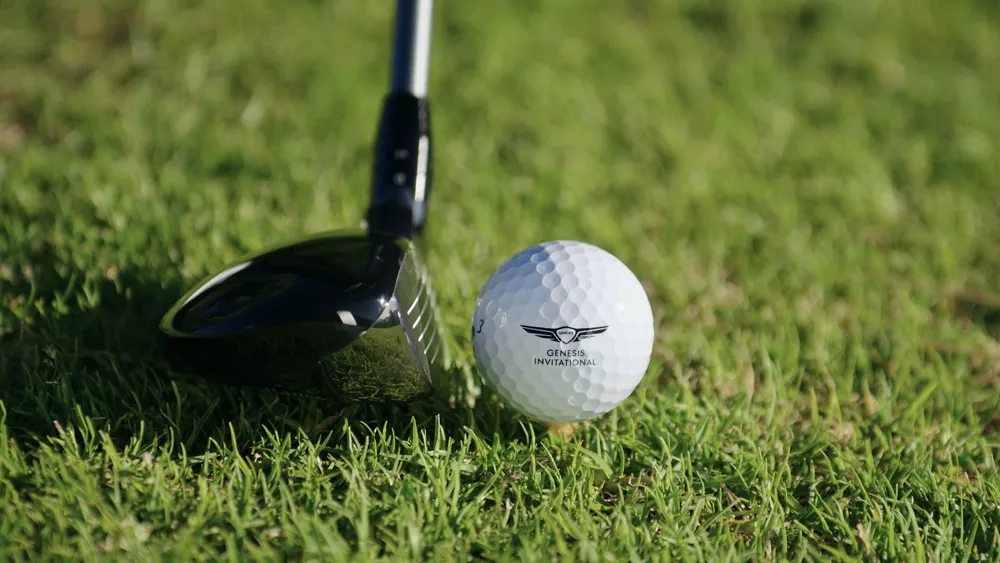 Close up of a golf club lined up next to golf ball in the grass