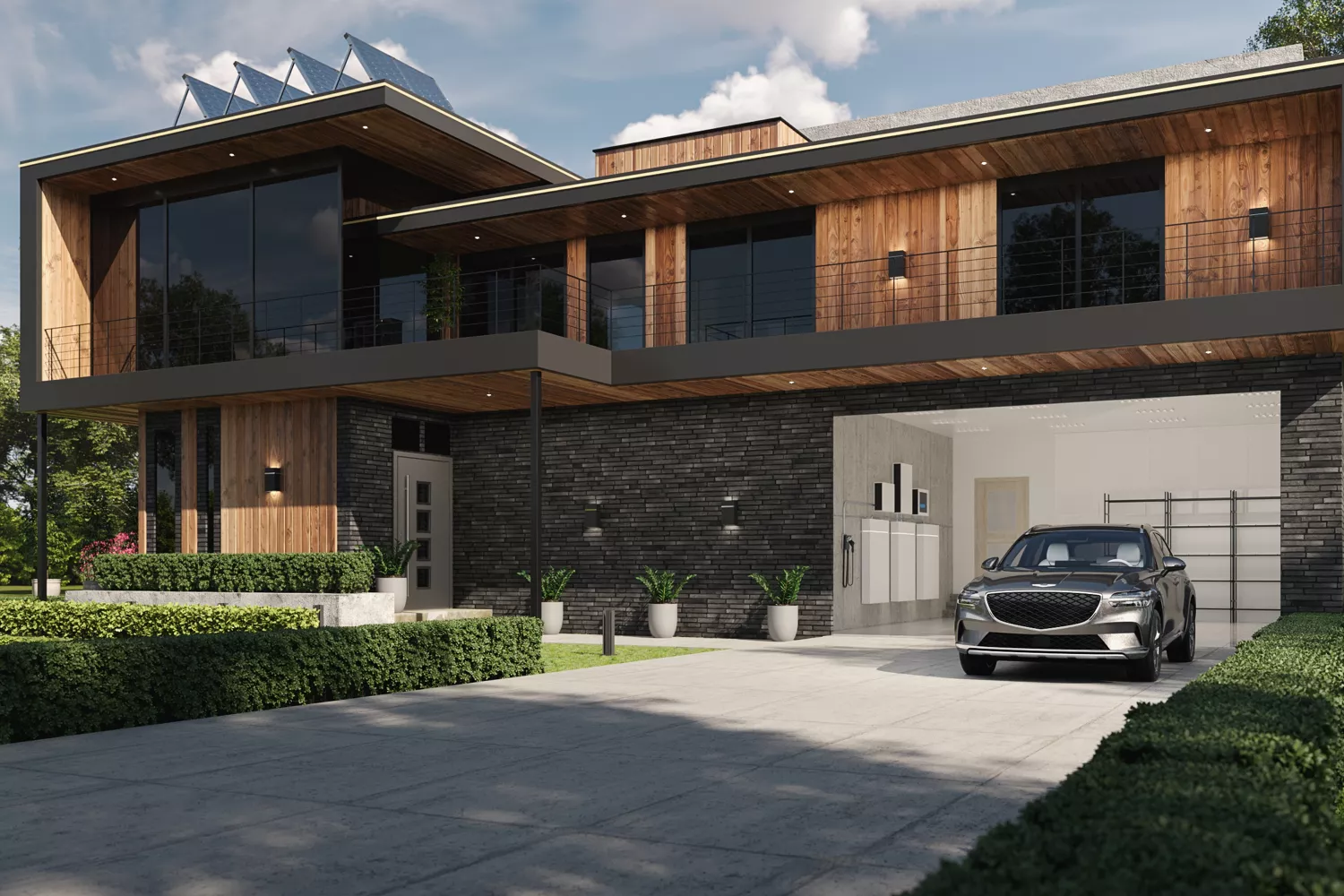 Front view of 2026 Genesis GV60 parked in garage of modern home