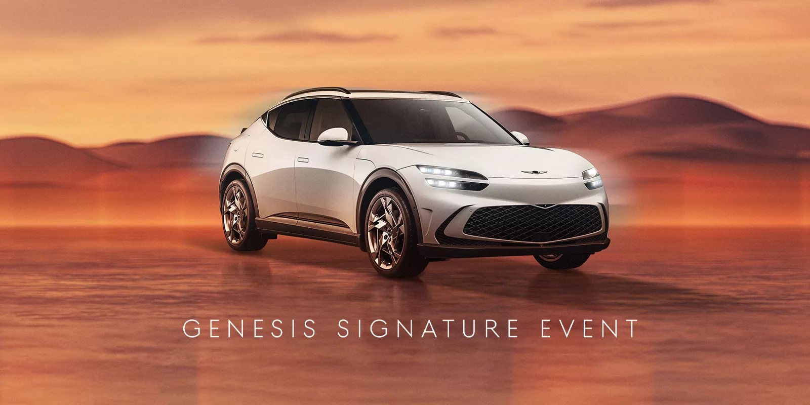 Genesis GV60 in Uyuni White on desert background; 'Genesis Signature Event' text at the bottom