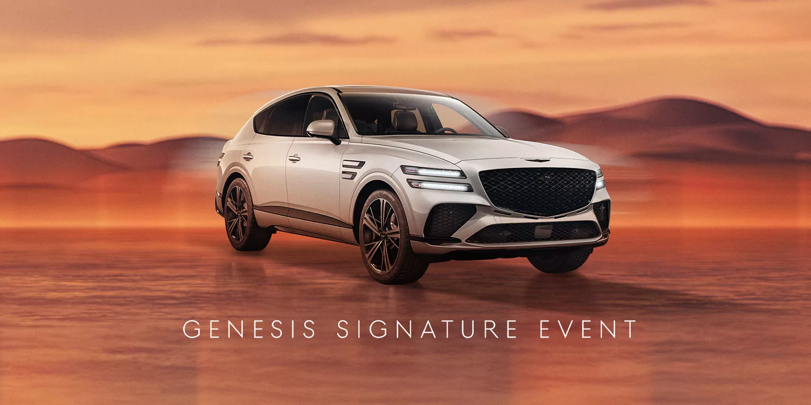 Genesis GV80 Coupe in Uyuni White on desert background; 'Genesis Signature Event' text at bottom
