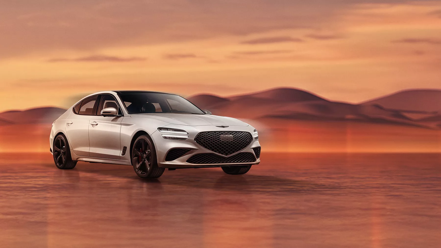 Genesis G70 in Alta White on desert background