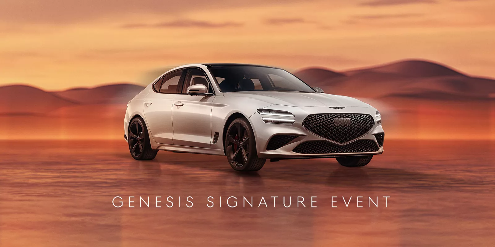 Genesis G70 in Uyuni White on desert background; 'Genesis Signature Event' text at the bottom