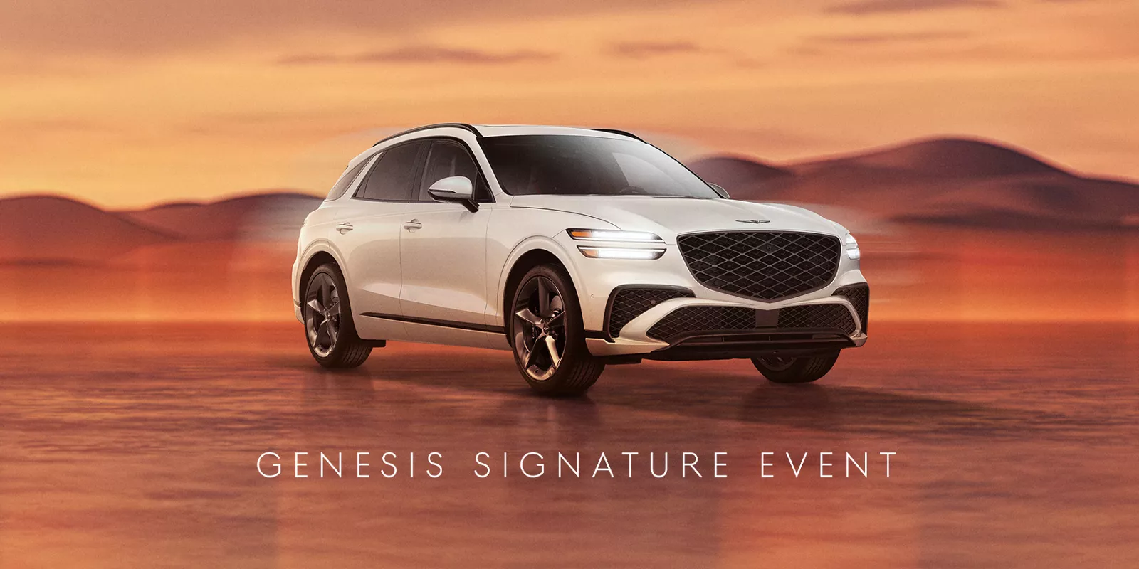 Genesis GV70 in Uyuni White on desert background; 'Genesis Signature Event' text at the bottom