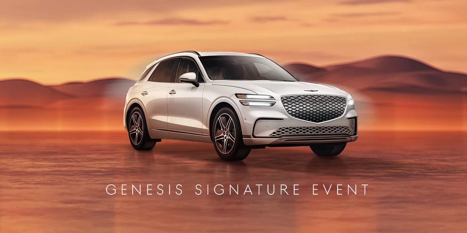 Genesis Electrified GV70 in Uyuni White on desert background; 'Genesis Signature Event' at bottom