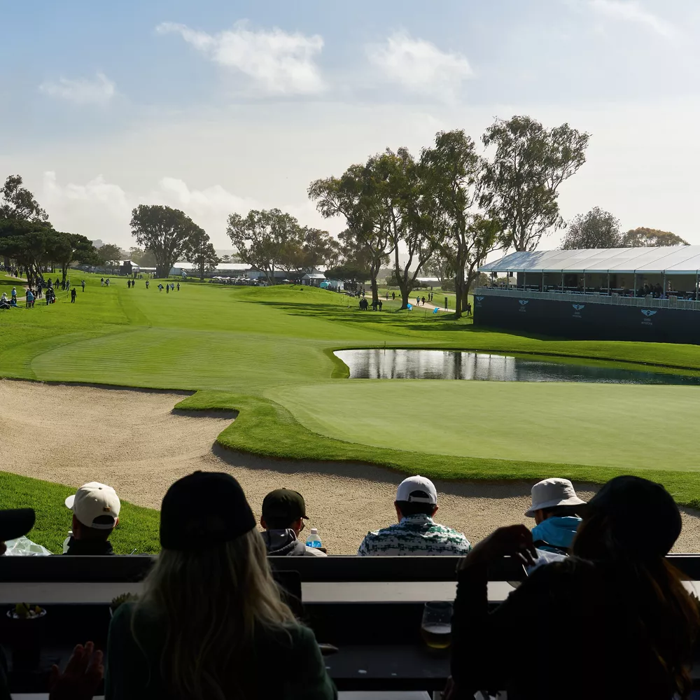 View of crowd sitting at the 18th hole Genesis Skybox at the 2025 Genesis Invitational