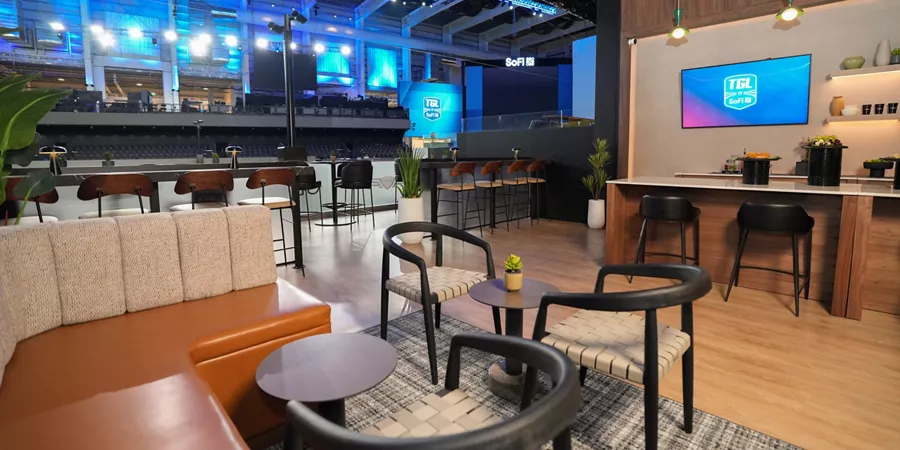 View inside the Genesis Lounge for TGL at the SOFI Center