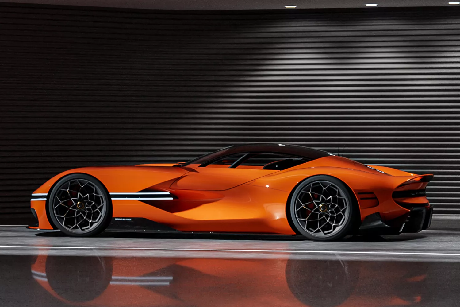 Side view of the X Gran Berlinetta in a garage