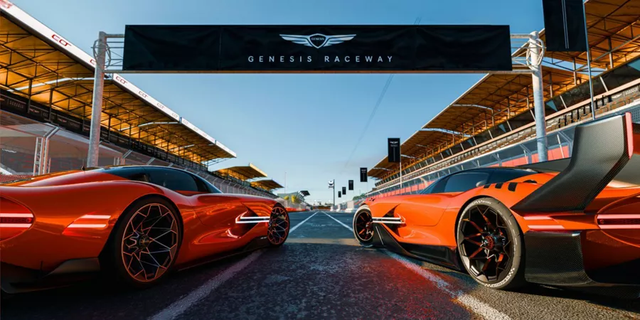 Rear close up of both X Gran concept vehicles at the starting line of a track