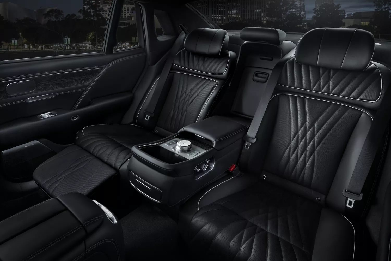 Interior view of obsidian black Nappa leather back seats in 2026 Genesis G90