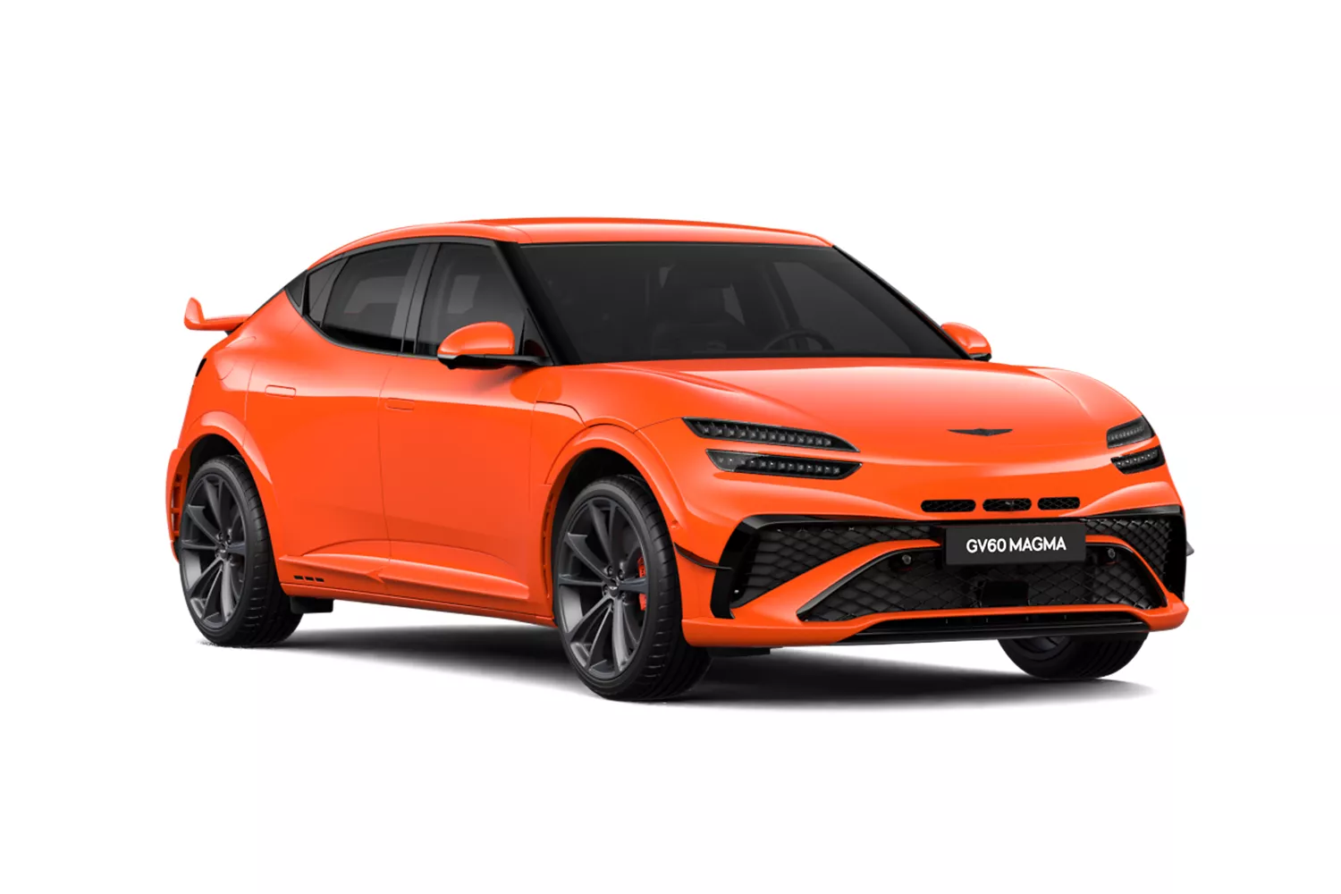 3/4 front passenger side view of 2026 Genesis GV60 Magma in Magma Orange