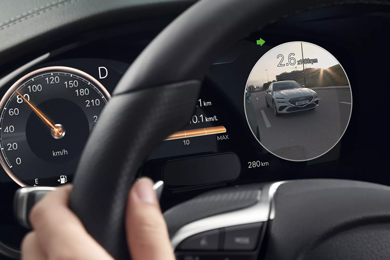"Blind Spot Monitor" tab selected with close up of drivers holding Genesis G70 steering wheel