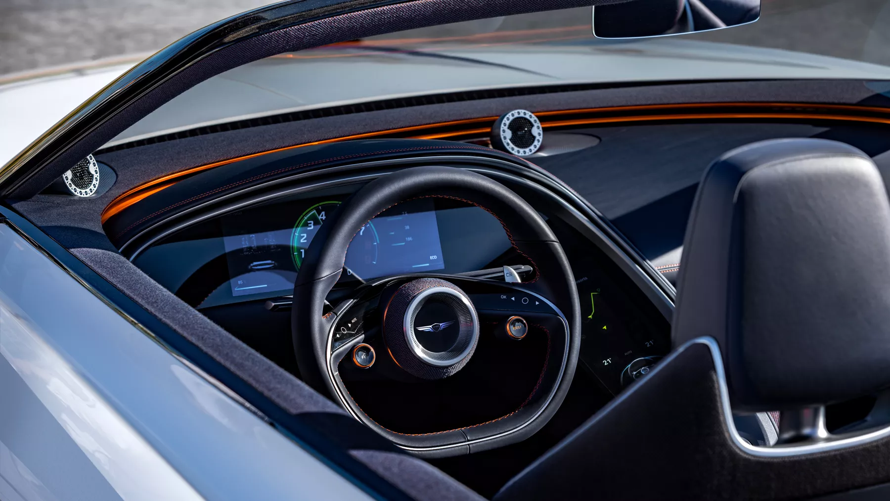 View of X Convertible Concept’s steering wheel and instrument gauge cluster. 