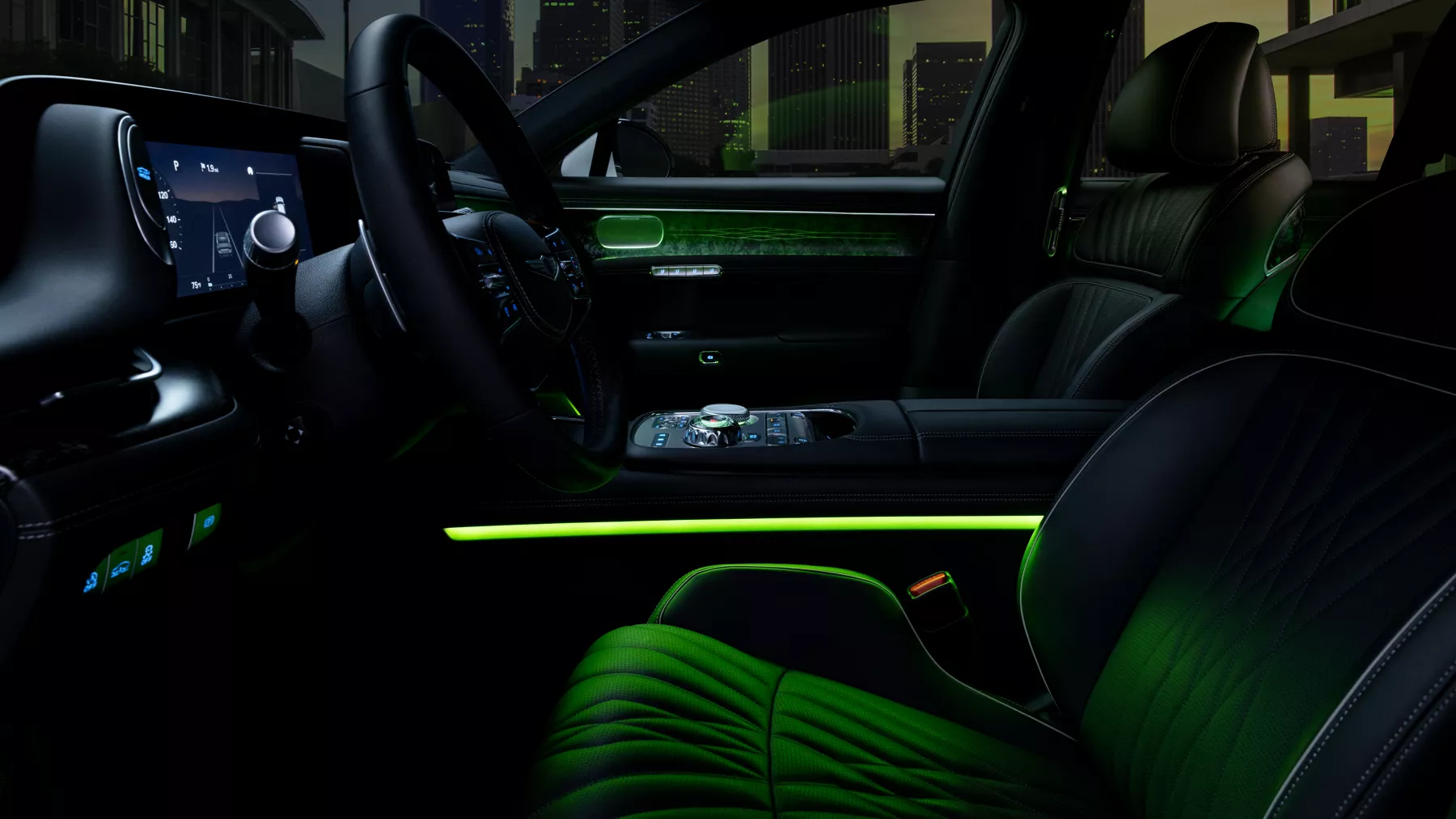 Front cabin of G90 at night with green ambient lighting.
