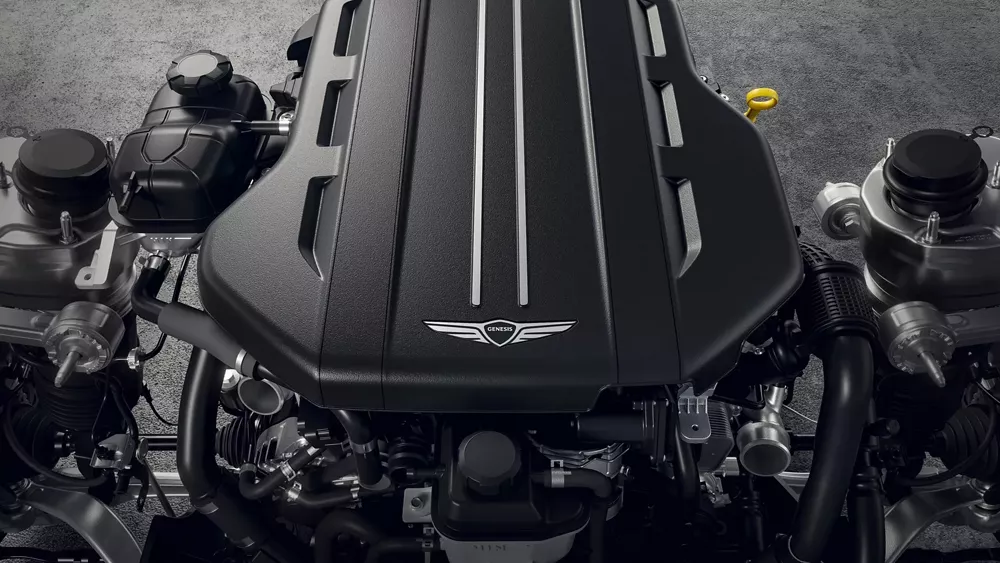 Close up of Genesis 3.5-liter twin-turbo V6 engine with 48v e-supercharger